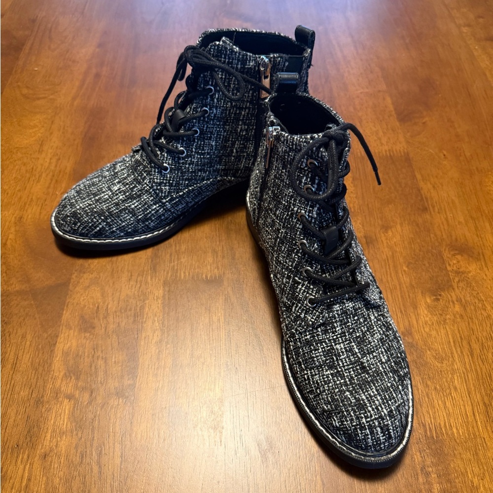 NYDJ Eileen Black and White Tweed Lace-up Ankle Combat Boots, Size 7.5